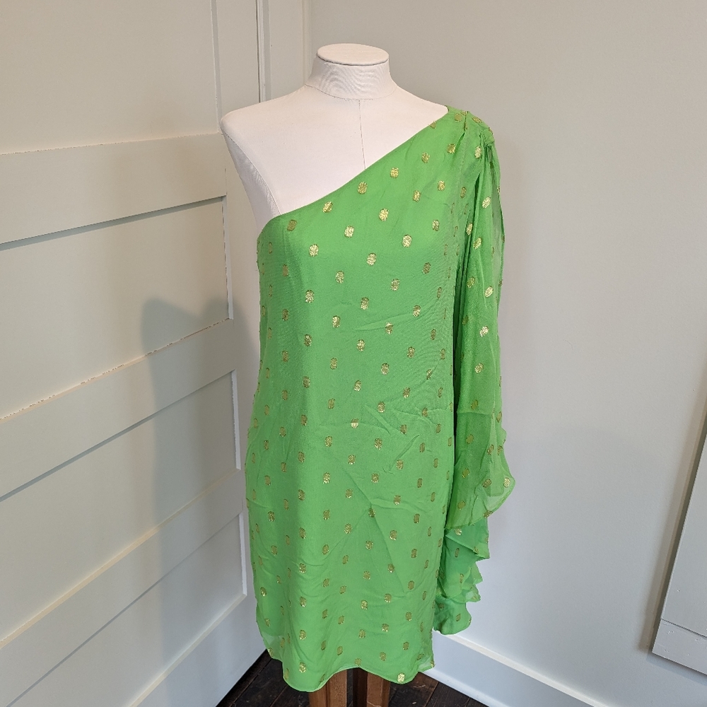 Lilly Pulitzer Green and Gold Metallic Silk One Shoulder Mini Dress Elegant